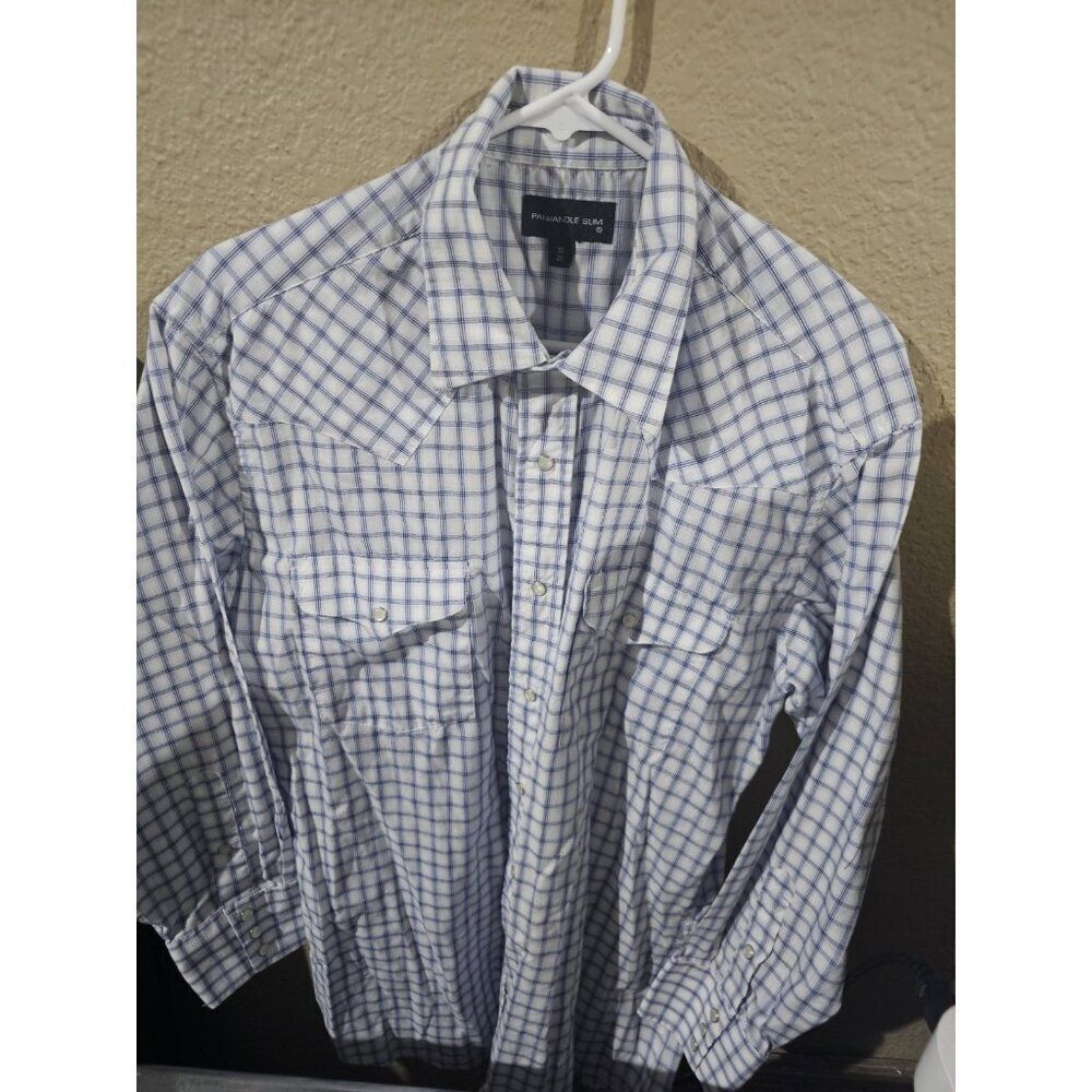 Panhandle Slim Blue Checkered Pearl Snap Shirt Men's Neck Size 16 US Medium